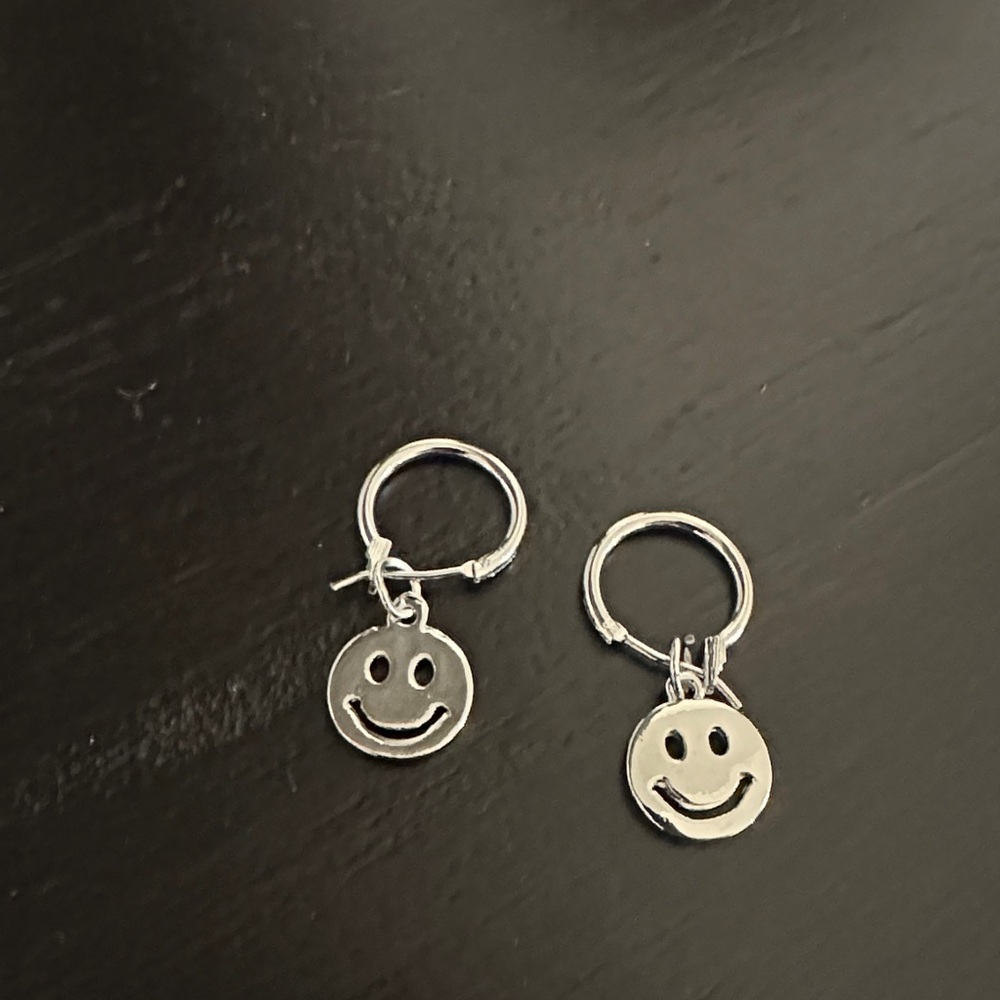 Silver Smiley Face Hoop Earrings